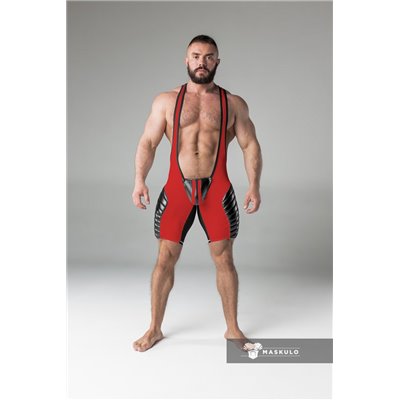 MASKULO - Wrestling Singlet Codpiece Open rear full thigh Pads Red