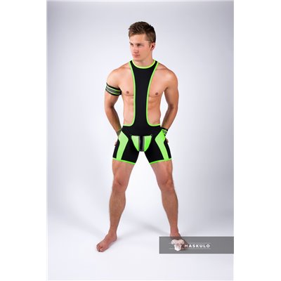 MASKULO - Men's Fetish Wrestling Singlet Codpiece Zippered rear Neon Green