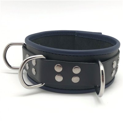Leather collar- 3D ring - Black/Blue