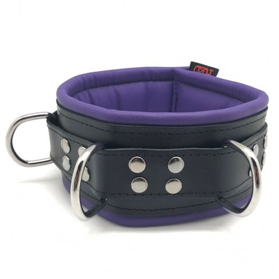 Leather collar - padding - 3D ring - Black/Purple