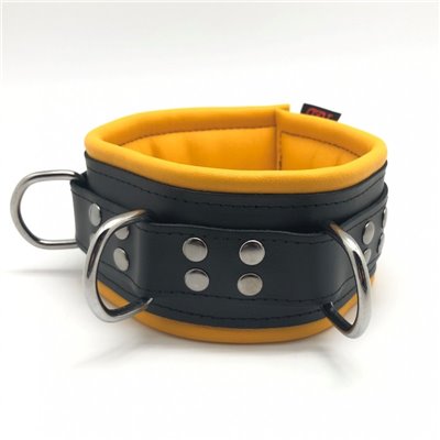 Leather collar - padding - 3D ring - Black/Yellow